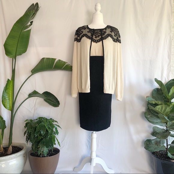 St. John Sweaters - St. John Cream And Black Lace Cardigan And Tank